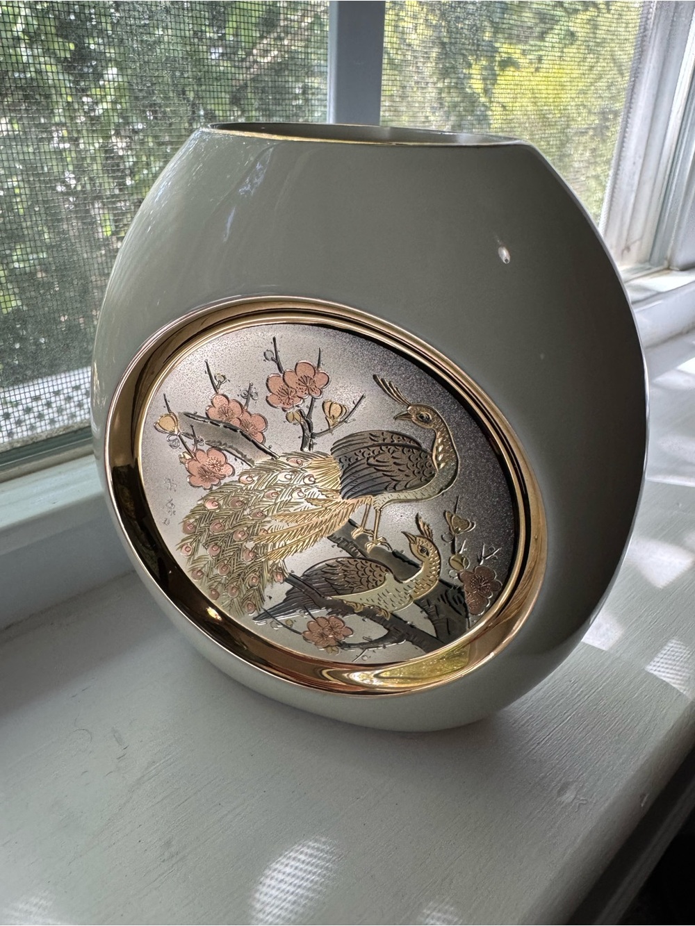 Vintage Japanese Porcelain Peacock Bud Vase Gold Trim Gray Glaze 5”